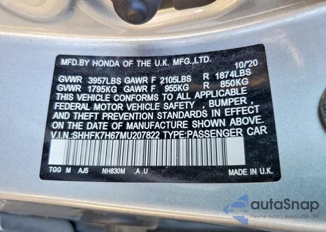 2021 Honda Civic Ex z USA, uszkodzony, nr VIN SHHFK7H67MU207822